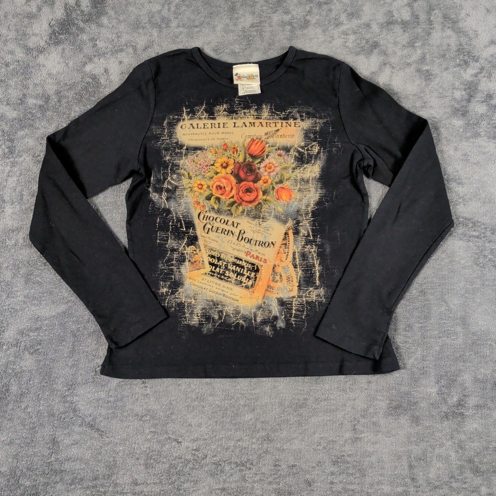Vintage Yukiko Black Floral Paris 3/4 Shirt Women's XL Y2K Made USA 100% Cotton